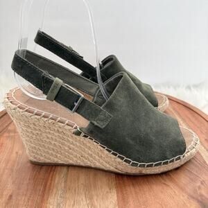TOMS Wedge Sandals Womens Size 8.5 Green Suede Espadrille Slingback Peep Toe